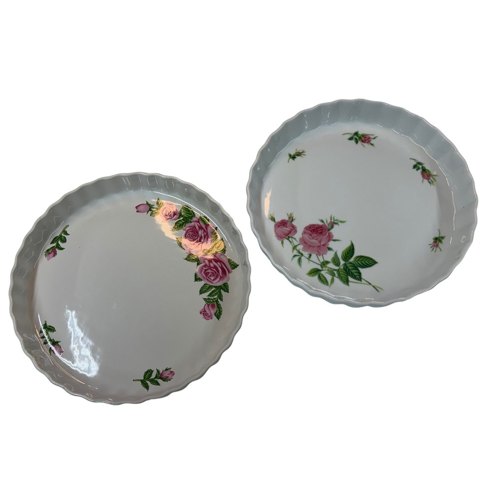 Christineholm Quiche Tart Pans White‎ Pink Rose Floral Fluted Porcelain Set of 2